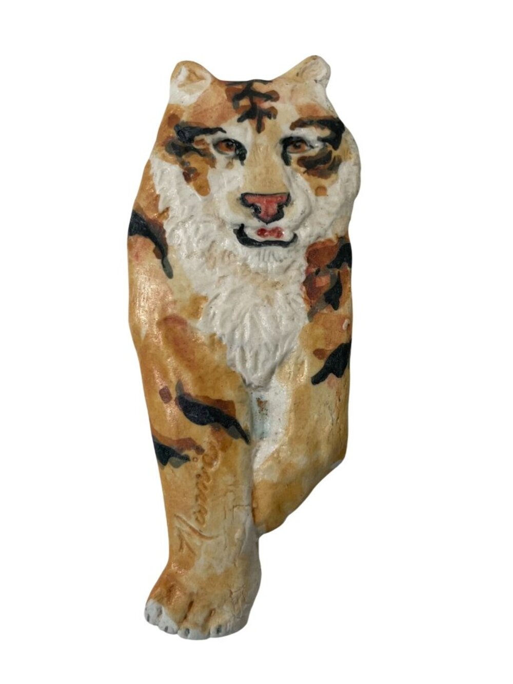 Vintage Hand Painted Tiger Porcelain Bolo Tie Clip Orange Black Cat 90s Retro